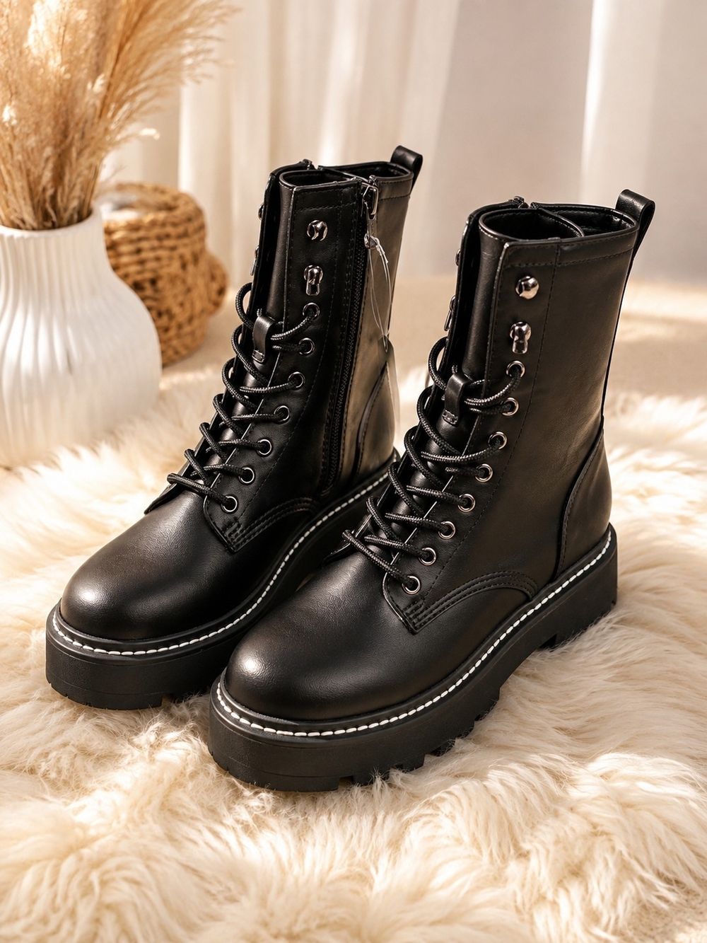 wild fable Black Lace-Up Platform Combat Boots